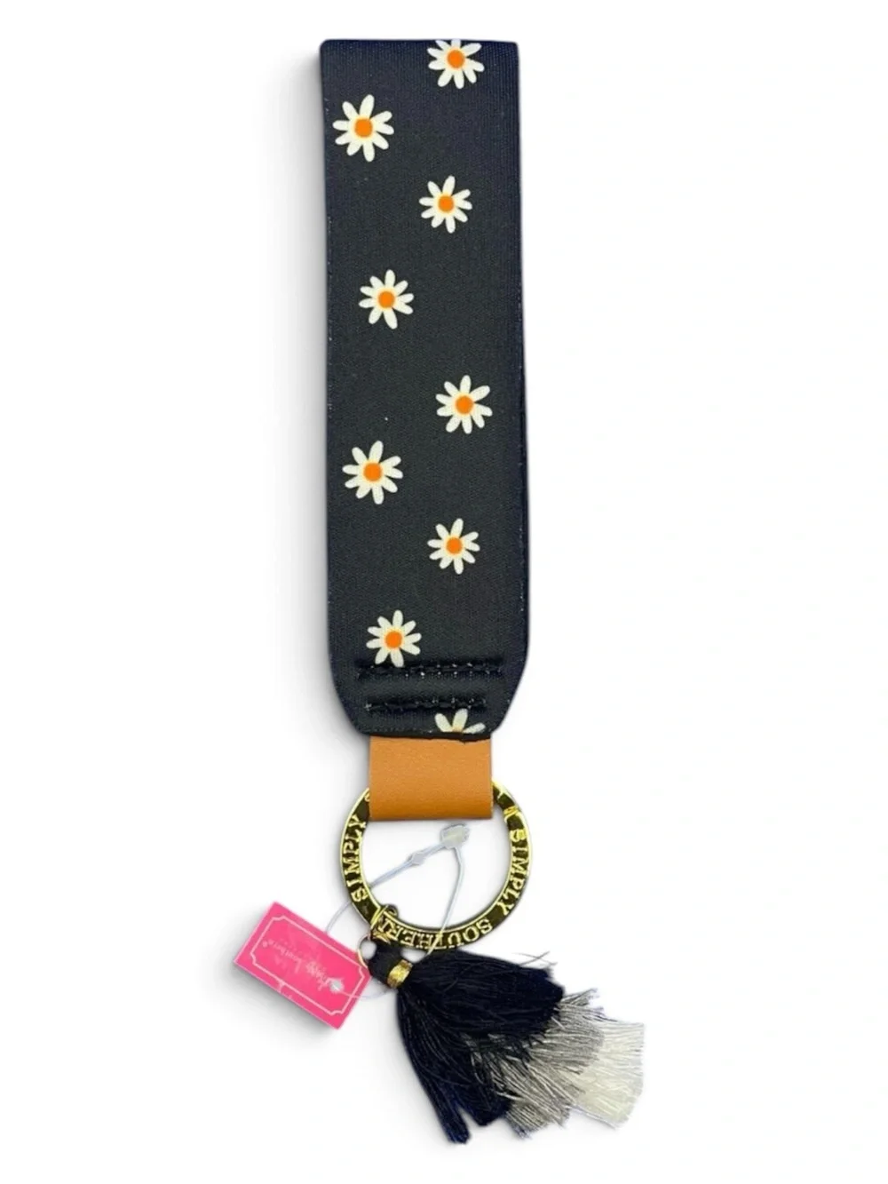 Simply Southern Black Daisy Wristlet Key & Card Holder with Tan Accent